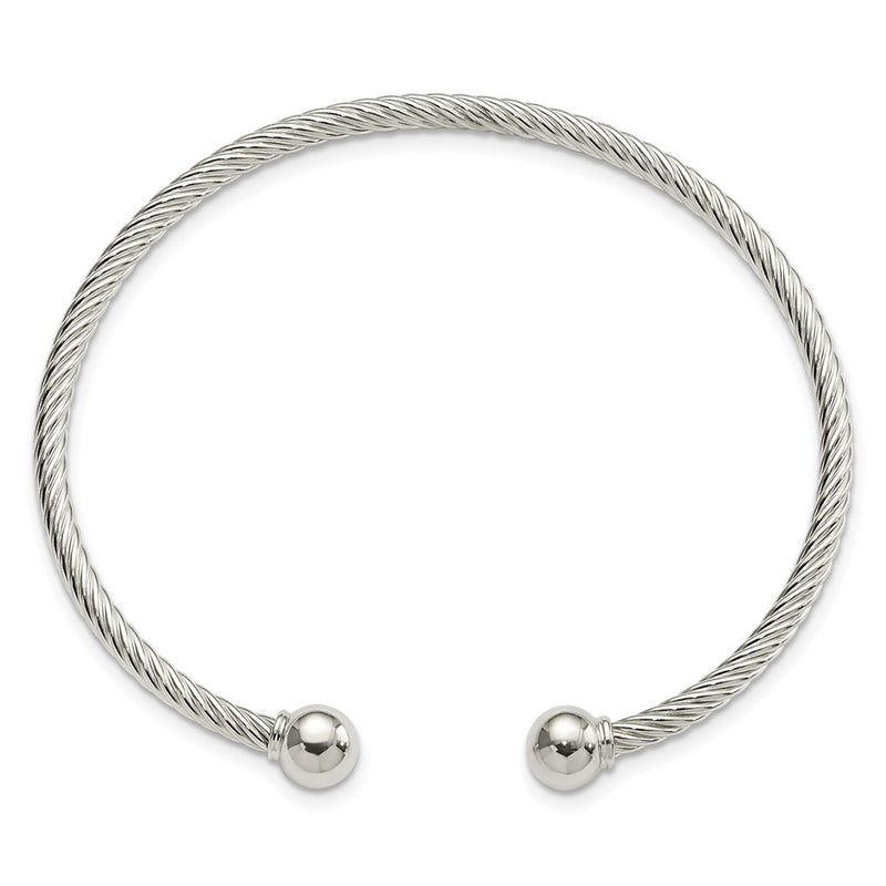 Sterling Silver Polished Twisted W/1 Thread Ball Cuff Bangle