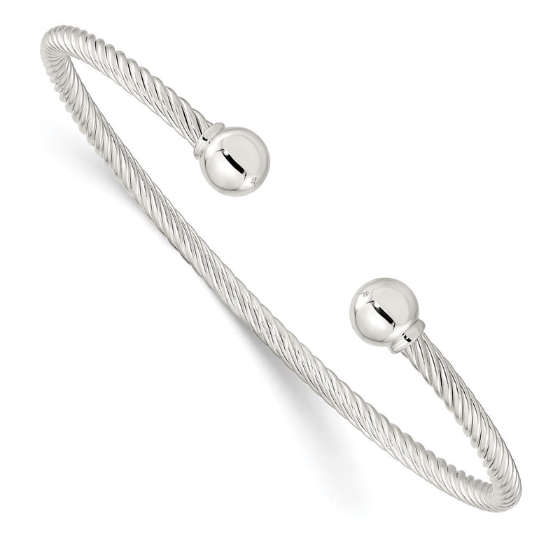 Sterling Silver Polished Twisted W/1 Thread Ball Cuff Bangle