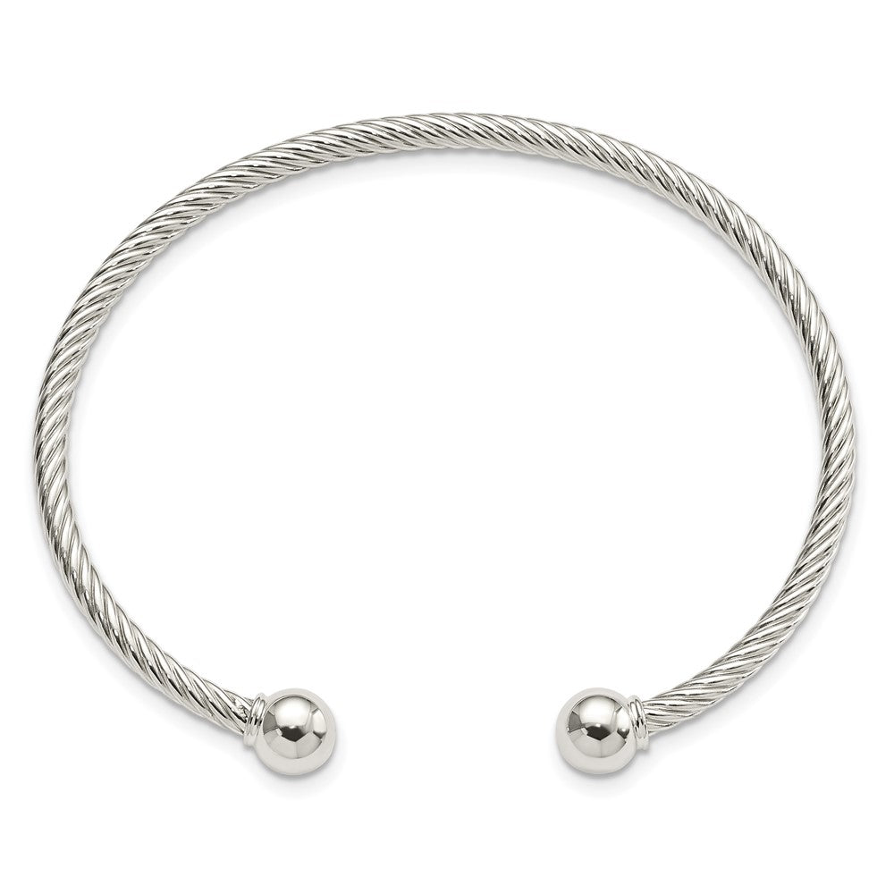 Sterling Silver Rhod-Plated Twisted W/1 Thread Ball Cuff Bangle