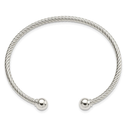 Sterling Silver Rhod-Plated Twisted W/1 Thread Ball Cuff Bangle