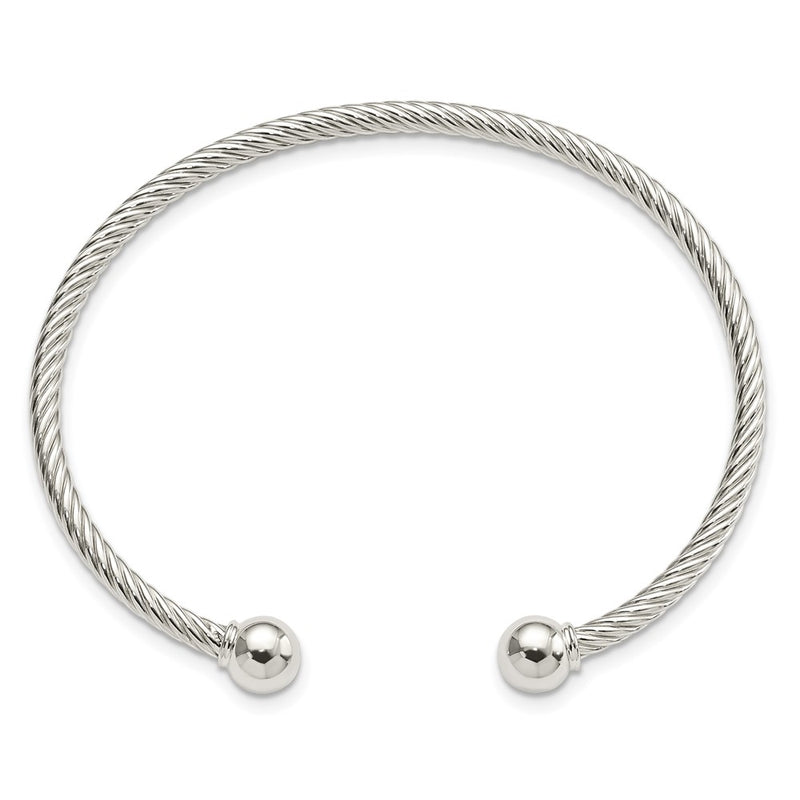 Sterling Silver Rhod-Plated Twisted W/1 Thread Ball Cuff Bangle