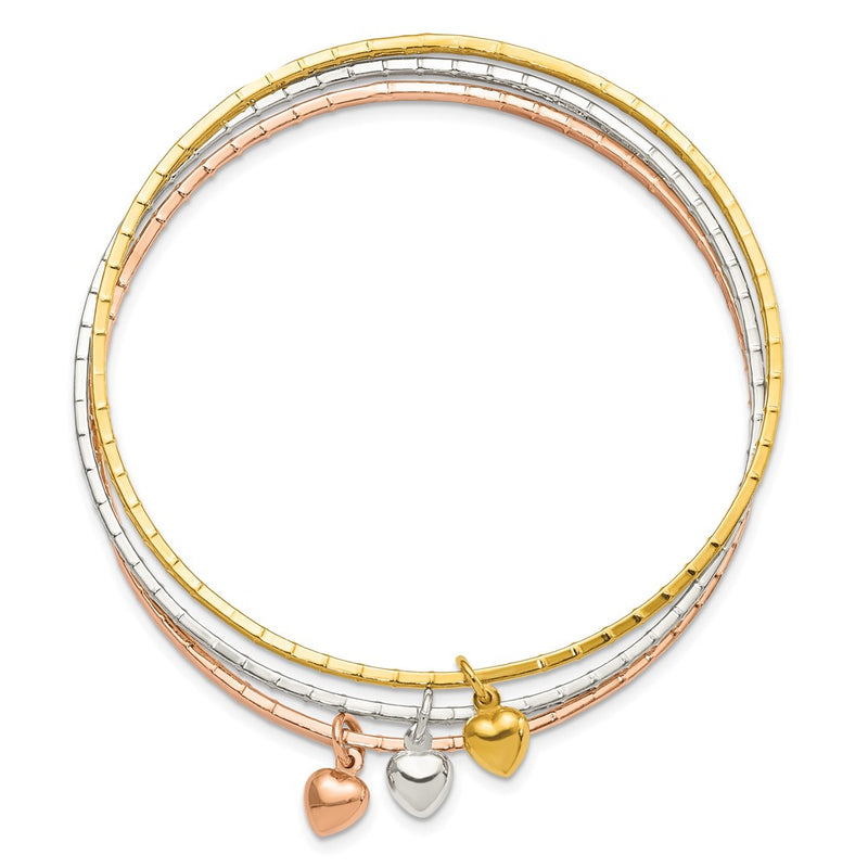 Sterling Silver Silver/Gold-Tone/Rose-Tone W/Puffed Heart Bangle Set