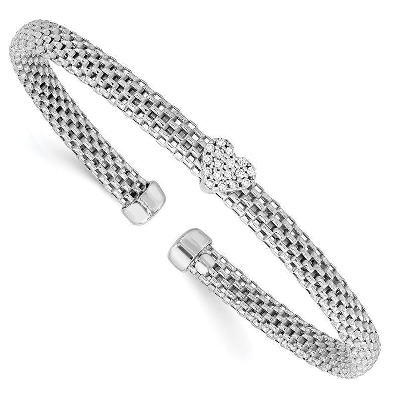 Sterling Silver Rhodium-Plated Polished Cz Heart Mesh Cuff Bangle