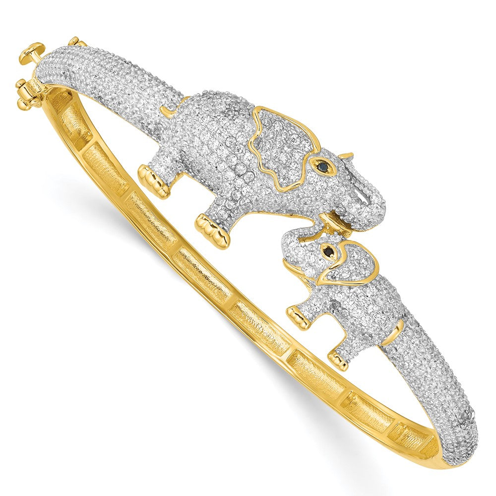 Sterling Silver Rh-Plated Gold Tone Mom And Baby Cz Elephants Hinged Bangle