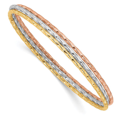 Sterling Silver Rhodium-Plated Gold Rose-Tone Diamond-Cut Set of 3 Bangles
