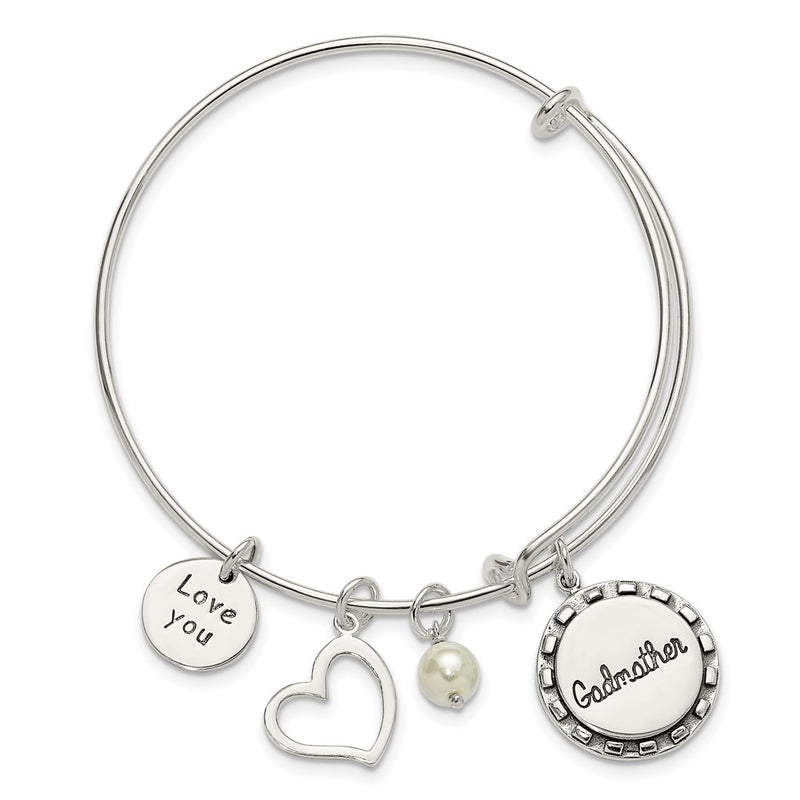 Sterling Silver Antiqued Syn. Pearl Godmother Charm Adjustable Bangle