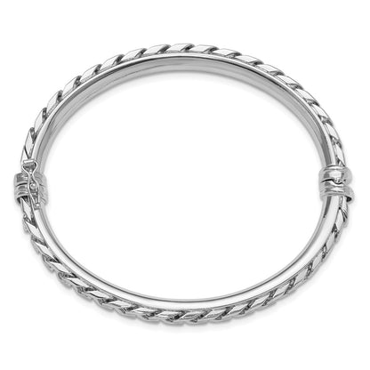 Sterling Silver Polished Rhodium-Plated Textured Link Hinged Bangle Bracele