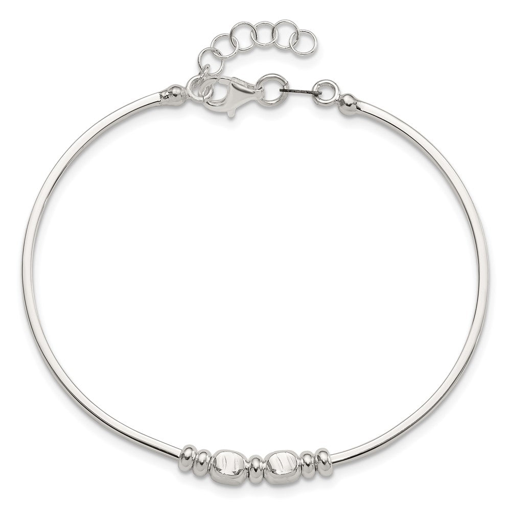 Sterling Silver Rhodium Plated Polished Beads w/.75 in Ext Bangle Bracelet