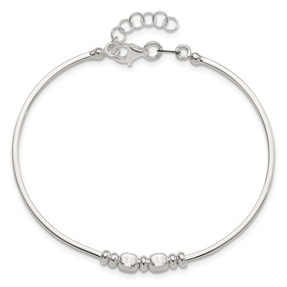 Sterling Silver Rhodium Plated Polished Beads w/.75 in Ext Bangle Bracelet