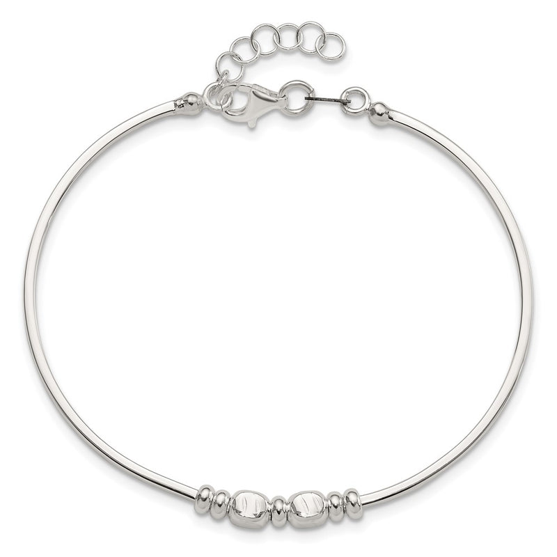 Sterling Silver Rhodium Plated Polished Beads w/.75 in Ext Bangle Bracelet