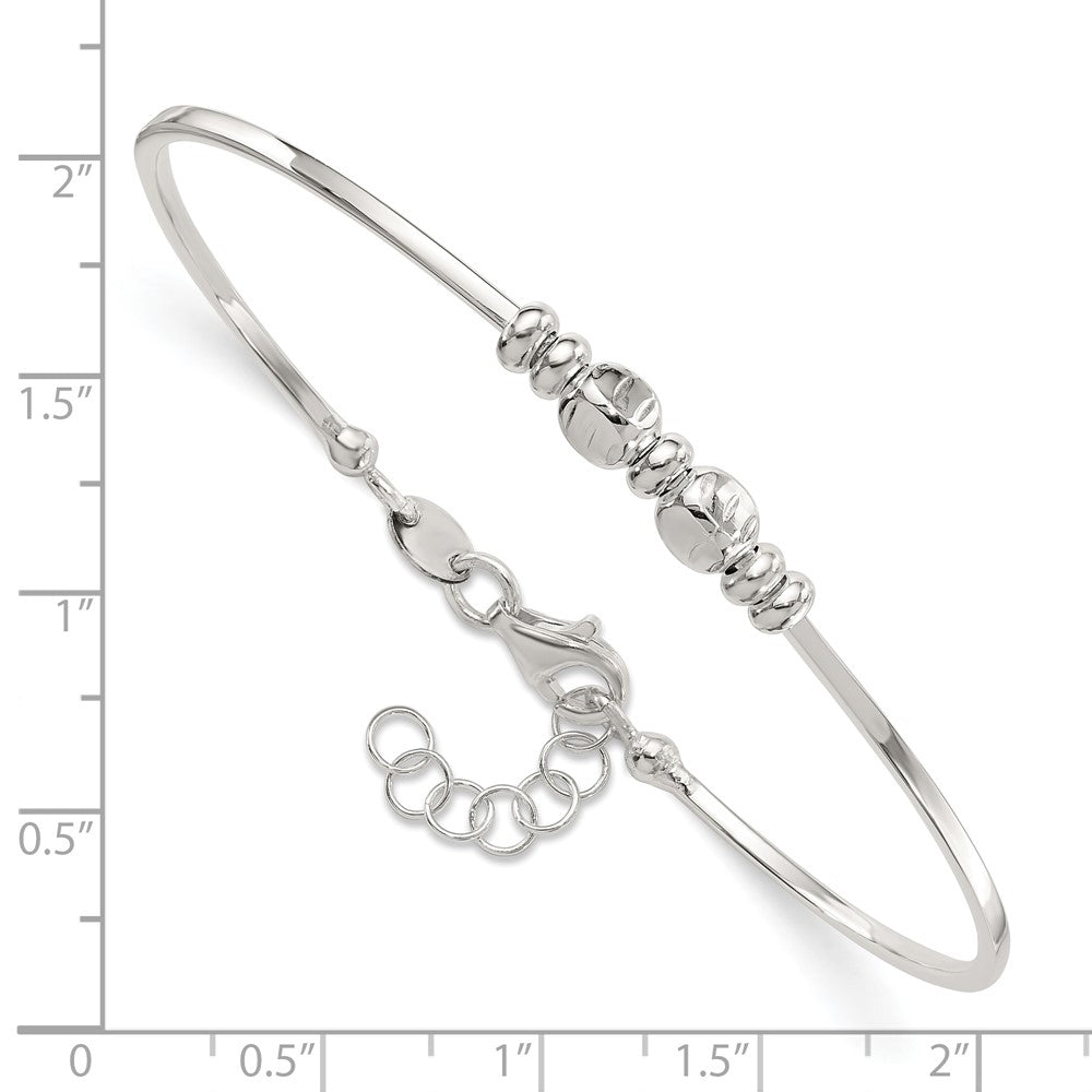 Sterling Silver Rhodium Plated Polished Beads w/.75 in Ext Bangle Bracelet