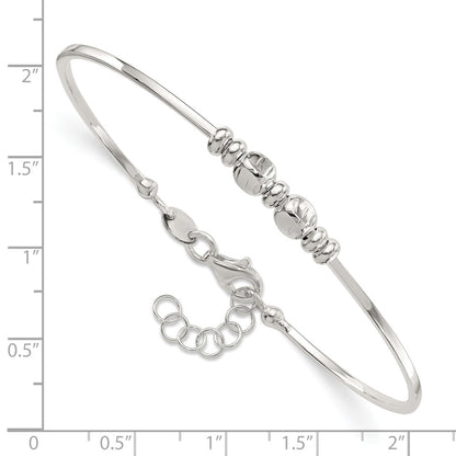 Sterling Silver Rhodium Plated Polished Beads w/.75 in Ext Bangle Bracelet
