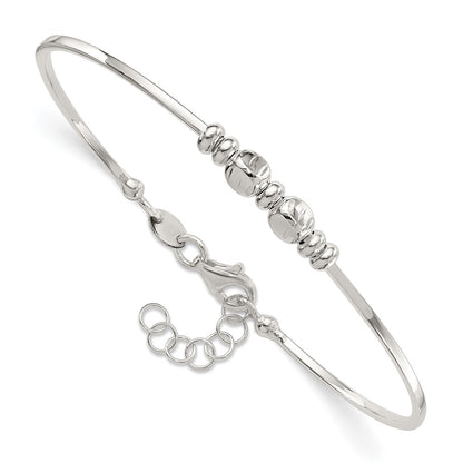 Sterling Silver Rhodium Plated Polished Beads w/.75 in Ext Bangle Bracelet
