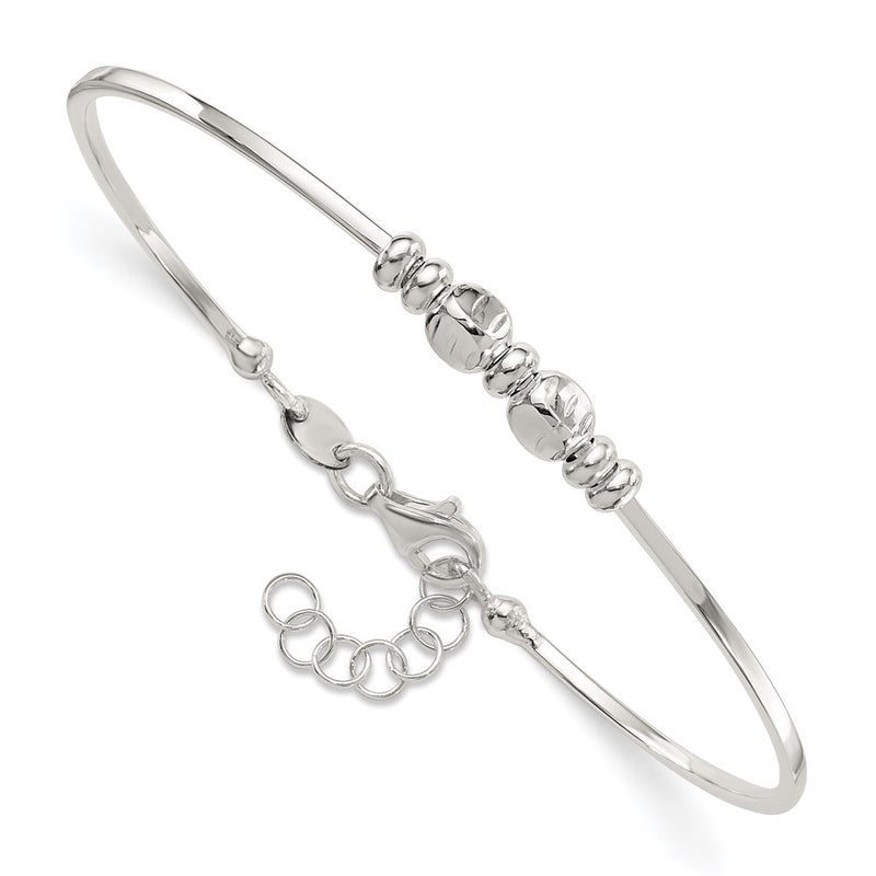 Sterling Silver Rhodium Plated Polished Beads w/.75 in Ext Bangle Bracelet