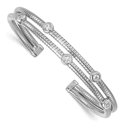 Sterling Silver Rhodium Plated Textured CZ Moveable Wrap Bangle Bracelet