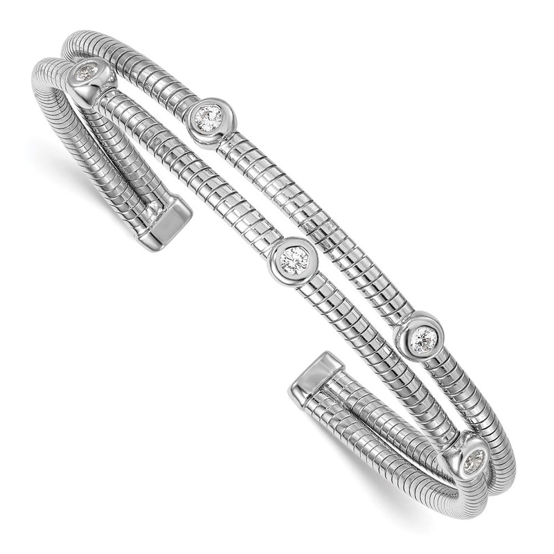 Sterling Silver Rhodium Plated Textured CZ Moveable Wrap Bangle Bracelet