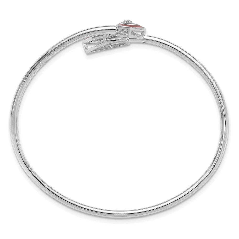 Sterling Silver Rhodium Plated CZ Red Enamel Heart Flexible Cuff Bangle Bracelet