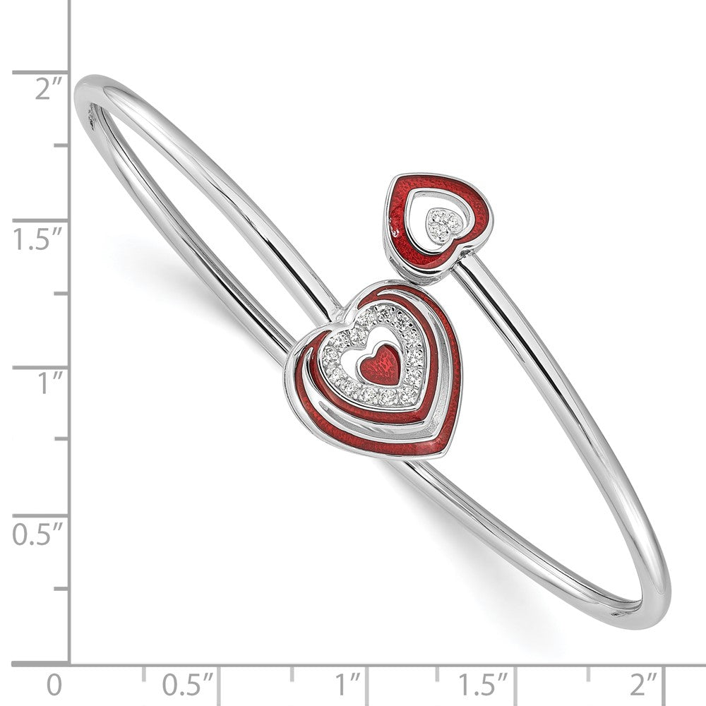 Sterling Silver Rhodium Plated CZ Red Enamel Heart Flexible Cuff Bangle Bracelet