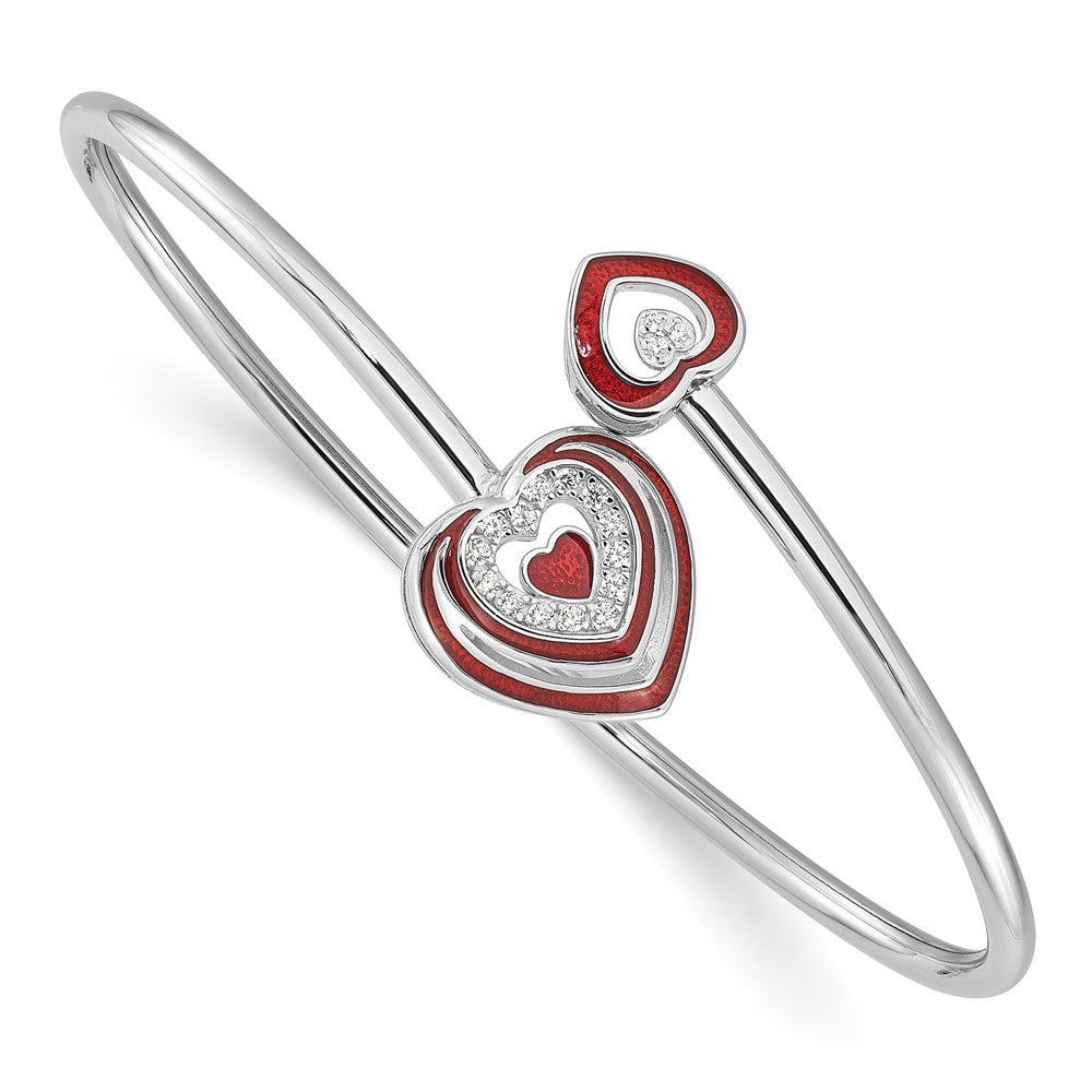Sterling Silver Rhodium Plated CZ Red Enamel Heart Flexible Cuff Bangle Bracelet