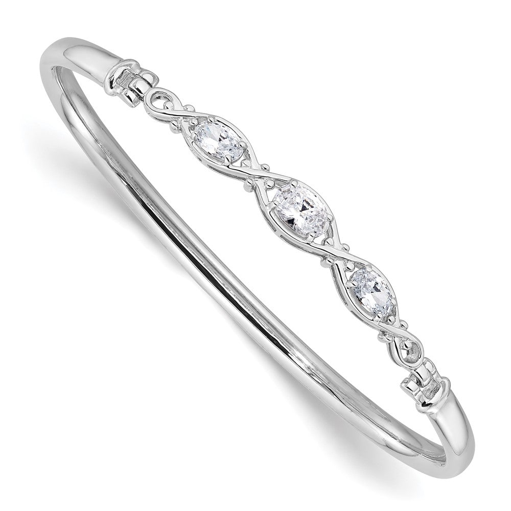 Sterling Silver Rhodium-Plated Polished CZ Hook Closure Bangle Bracelet