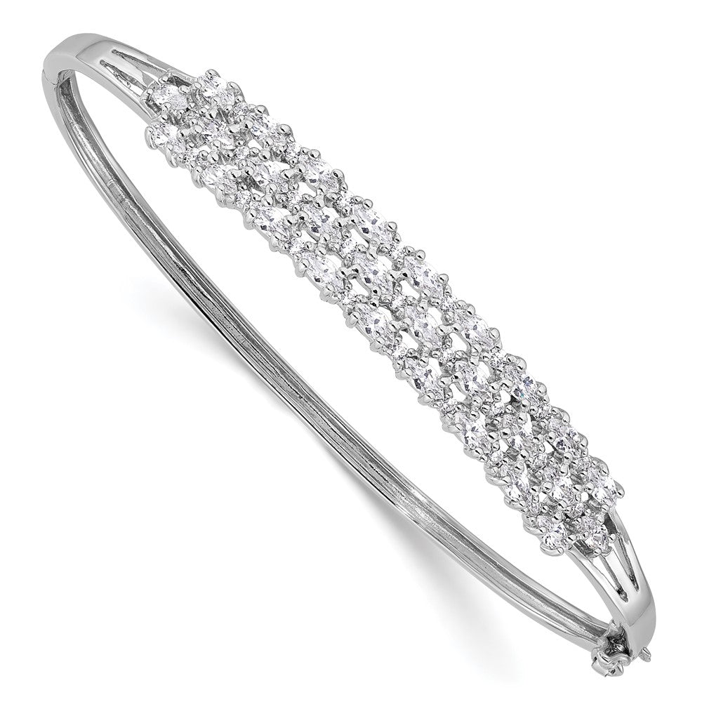 Sterling Silver Rhodium-Plated Polished Graduated CZ 3 Row Hinged Bracelet
