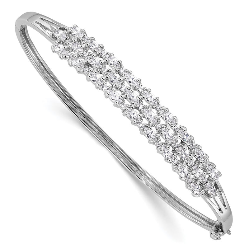 Sterling Silver Rhodium-Plated Polished Graduated CZ 3 Row Hinged Bracelet