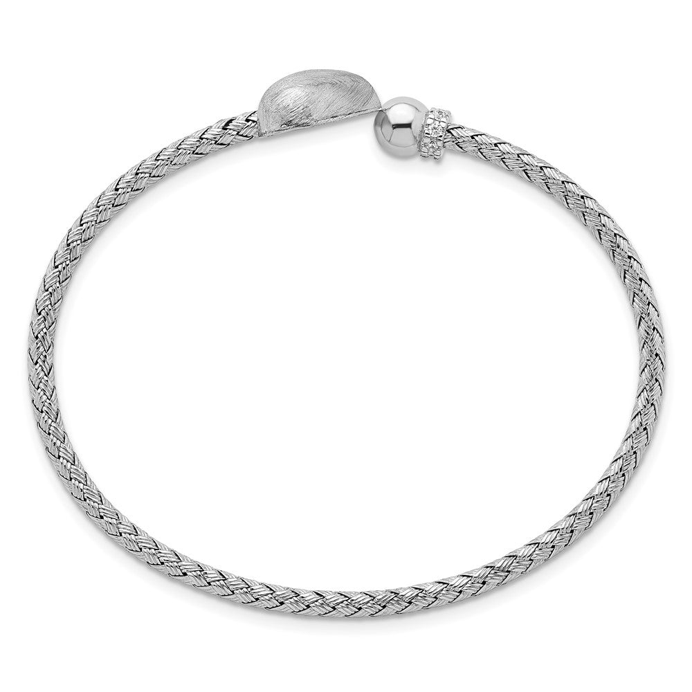 Sterling Silver Rhodium-Plated CZ Brushed Heart Cuff Bangle