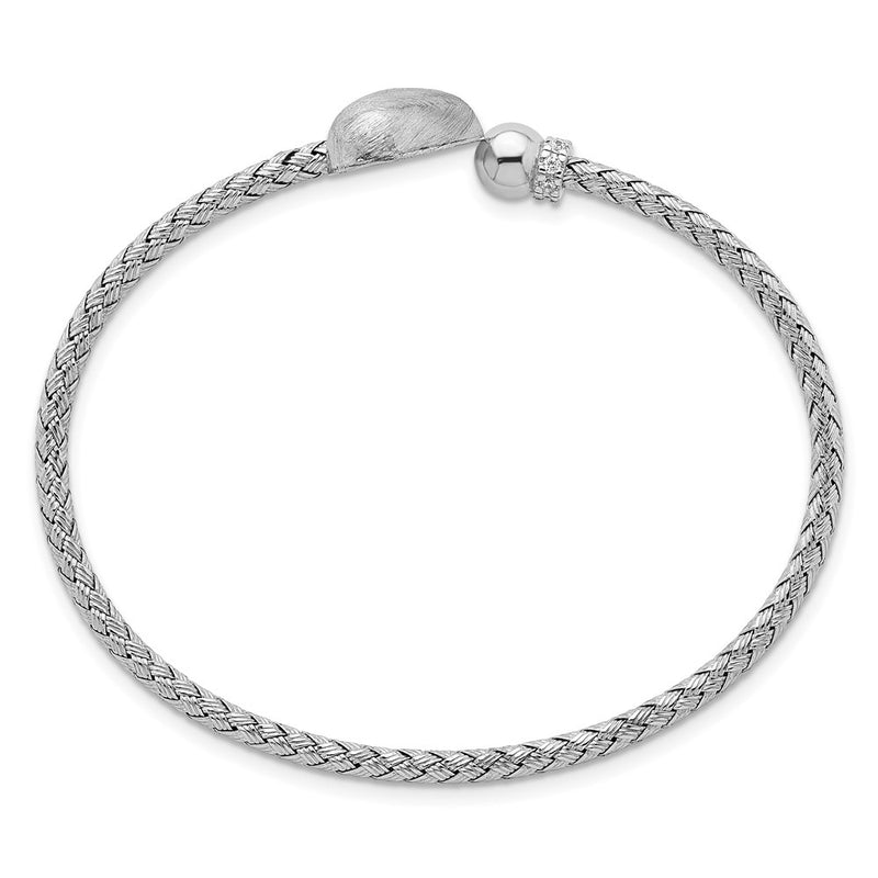 Sterling Silver Rhodium-Plated CZ Brushed Heart Cuff Bangle