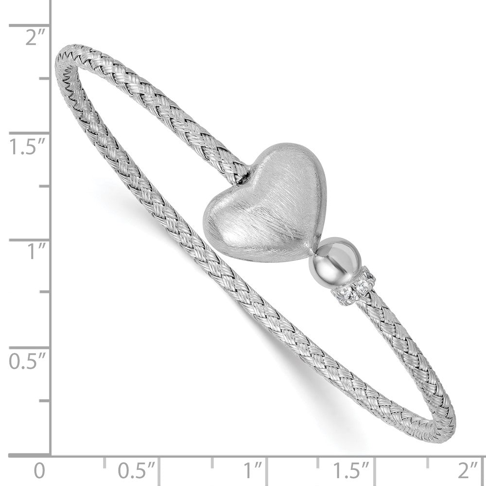 Sterling Silver Rhodium-Plated CZ Brushed Heart Cuff Bangle