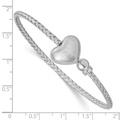 Sterling Silver Rhodium-Plated CZ Brushed Heart Cuff Bangle