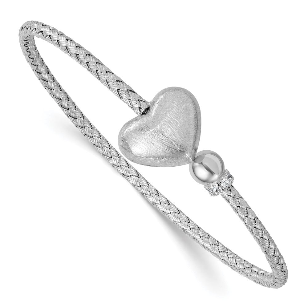 Sterling Silver Rhodium-Plated CZ Brushed Heart Cuff Bangle