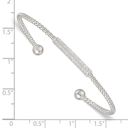 Sterling Silver Polished and Beaded CZ Bar Cuff Bangle