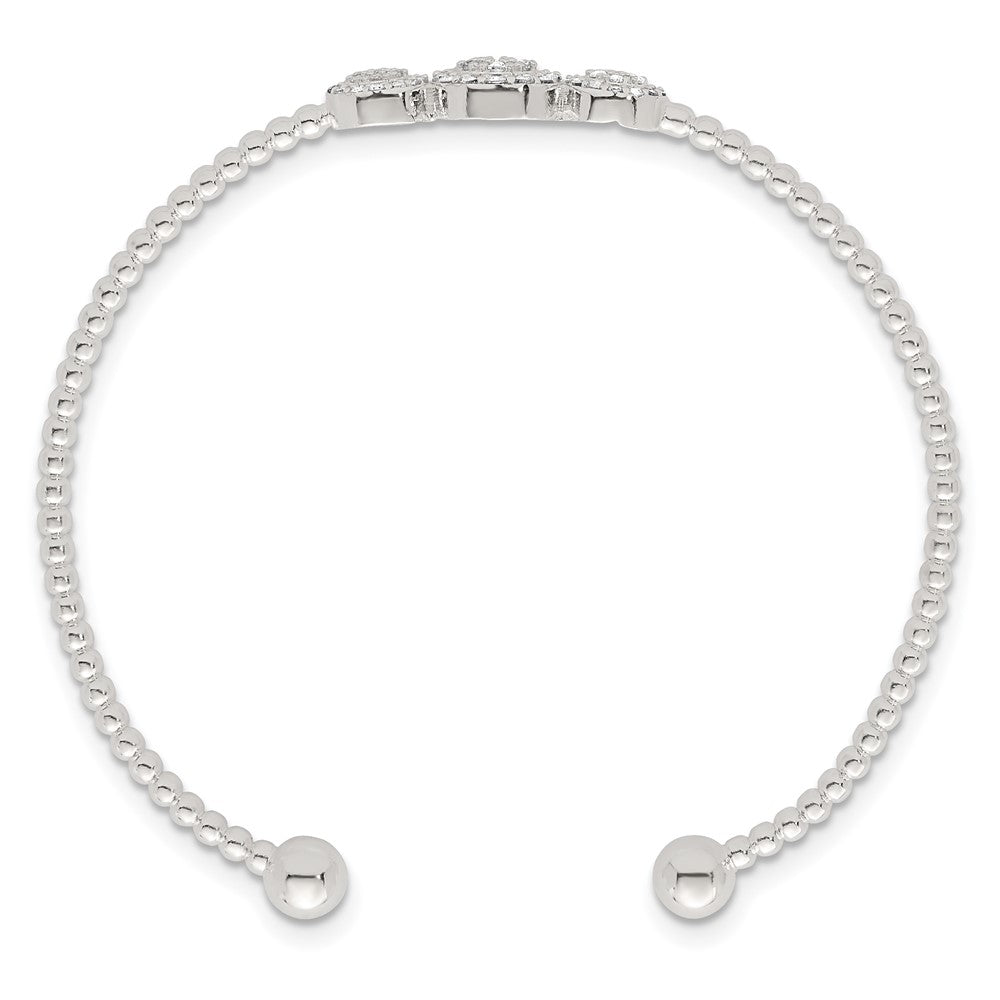 Sterling Silver Polished and Beaded Pave CZ Triple Circle Cuff Bangle