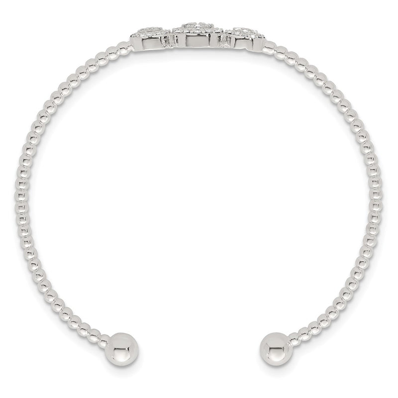 Sterling Silver Polished and Beaded Pave CZ Triple Circle Cuff Bangle