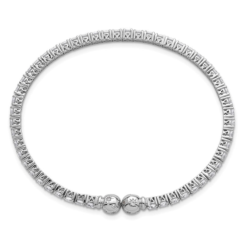 Sterling Silver Rhodium Plated Polished CZ Star Flexible Cuff Bangle