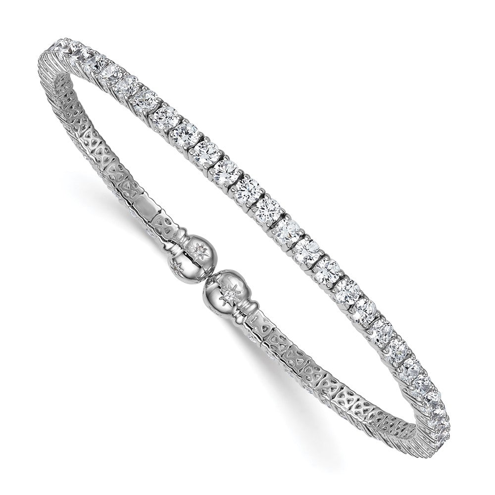 Sterling Silver Rhodium Plated Polished CZ Star Flexible Cuff Bangle