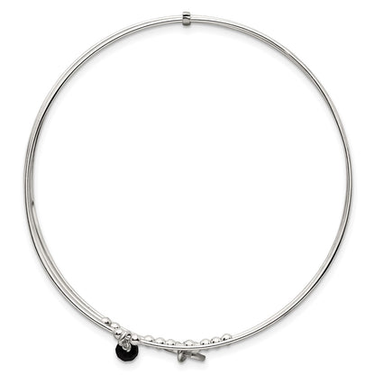 Sterling Silver Beaded Black Glass Miraculous Medal Charm Slip on Bangle