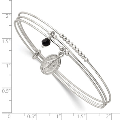 Sterling Silver Beaded Black Glass Miraculous Medal Charm Slip on Bangle