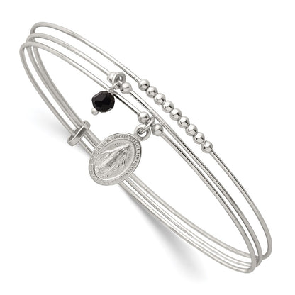 Sterling Silver Beaded Black Glass Miraculous Medal Charm Slip on Bangle