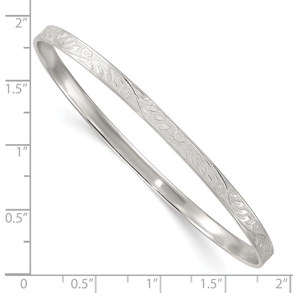 Sterling Silver Polished Flat Textured 4.0mm Floral Pattern Slip on Bangle