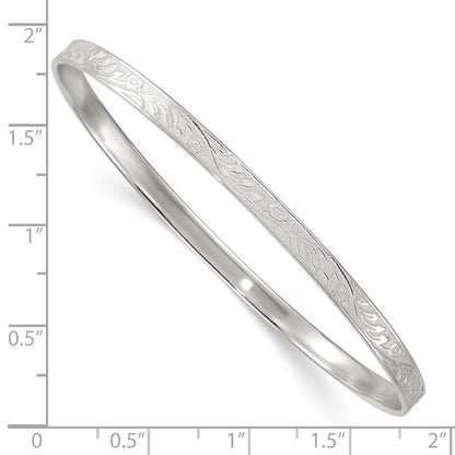 Sterling Silver Polished Flat Textured 4.0mm Floral Pattern Slip on Bangle
