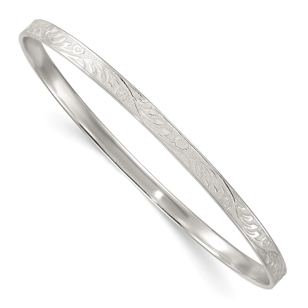 Sterling Silver Polished Flat Textured 4.0mm Floral Pattern Slip on Bangle