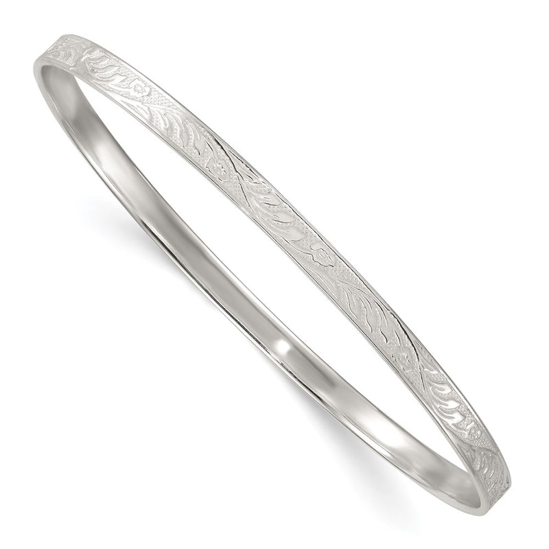 Sterling Silver Polished Flat Textured 4.0mm Floral Pattern Slip on Bangle
