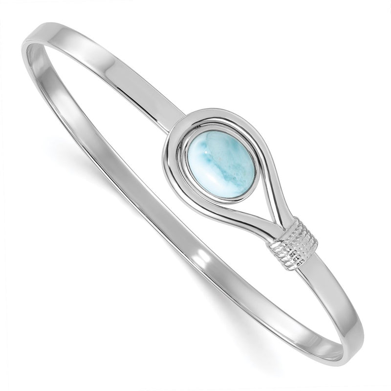 Sterling Silver Rhodium Plated Polished and Textured Larimar Flexible Bangle
