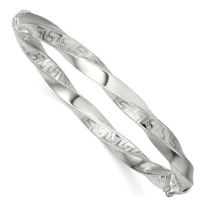 Sterling Silver Polished Twisted and Greek Key Hinged Bangle