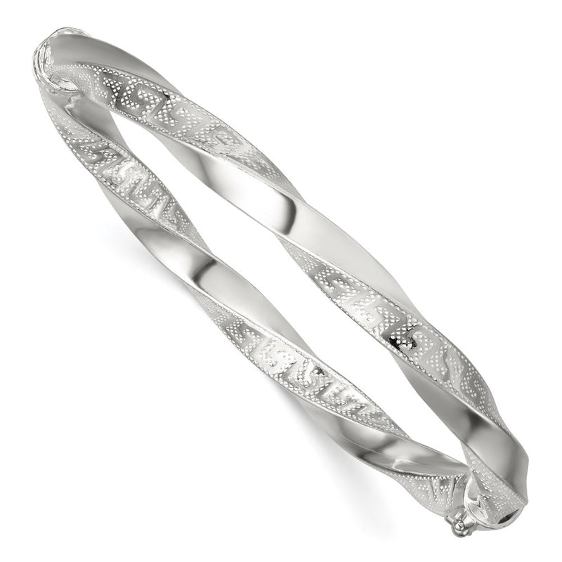 Sterling Silver Polished Twisted and Greek Key Hinged Bangle