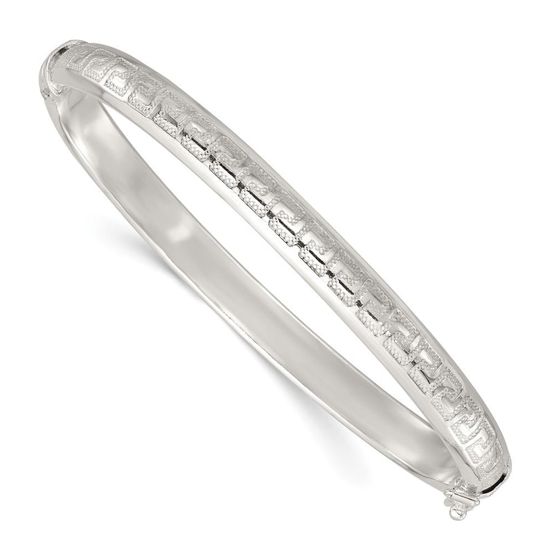 Sterling Silver Polished and Textured Greek Key Hinged Bangle
