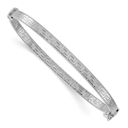 Sterling Silver Rhodium Plated Polished Textured Greek Key Hinged Bangle