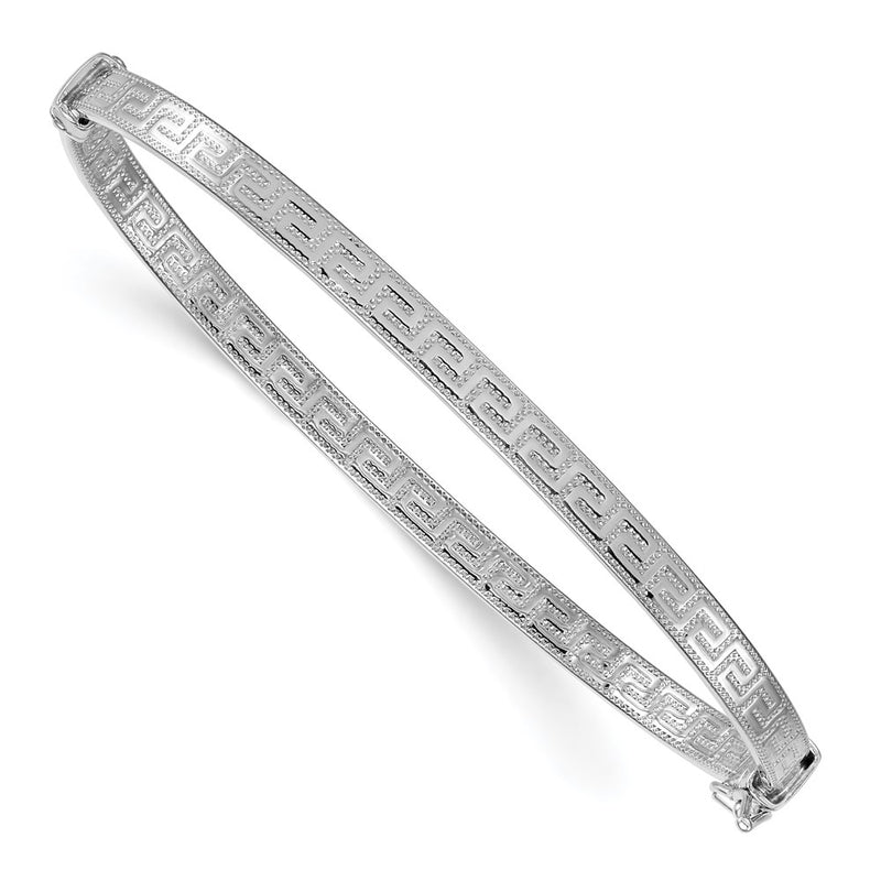 Sterling Silver Rhodium Plated Polished Textured Greek Key Hinged Bangle