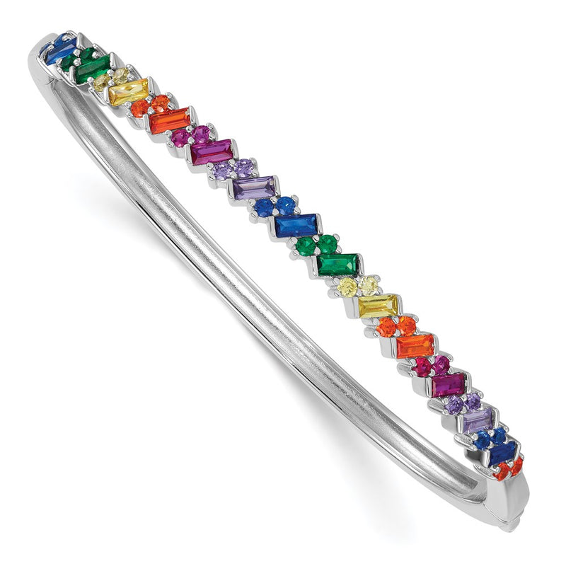 Sterling Silver Rhodium Plated Polished Multicolor Nano Crystal Hinged Bangle